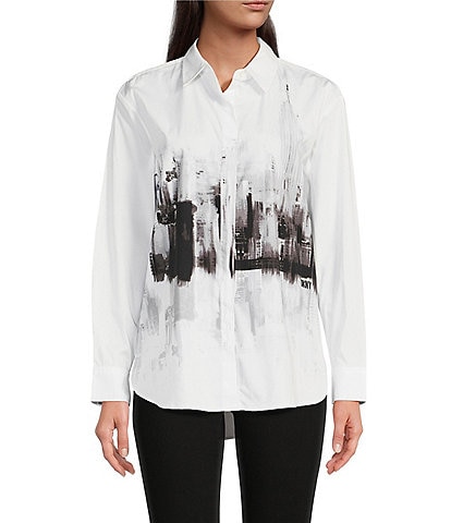DKNY Cityscape Print Collared Neck Long Sleeve Button Down Shirt