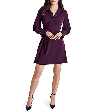 DKNY Collar Surplice V-Neck Long Sleeve Pull-on Notch Collar Drape Skirt Mini Dress