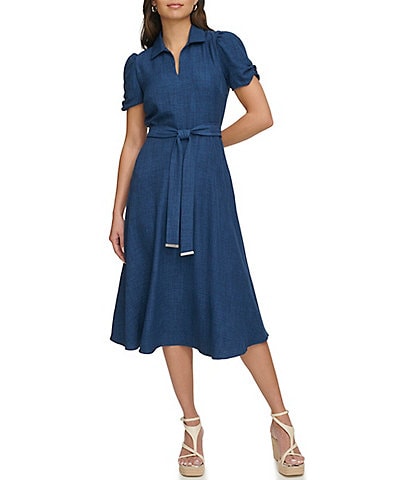 DKNY Collar V-Neck Ruched Sleeve Woven A-Line Midi Dress
