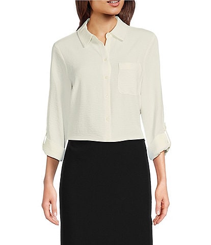 DKNY by Donna Karan Collared Neckline Long Roll Tab Sleeve Button Down Shirt