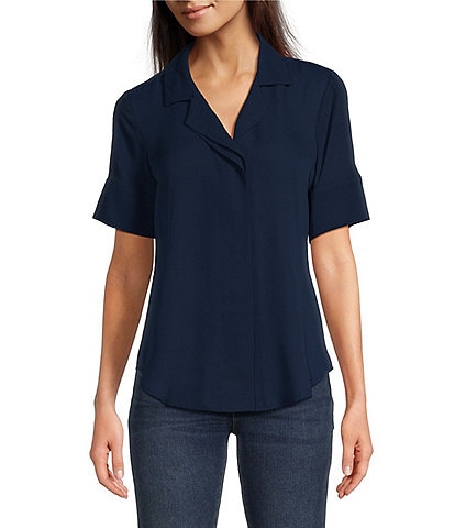 DKNY Collared Neckline Short Sleeve Button Front Top