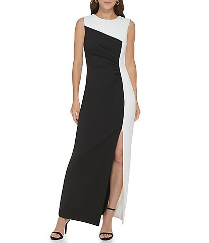 DKNY Color Blocked Sleeveless Pleated Front Slit Gown