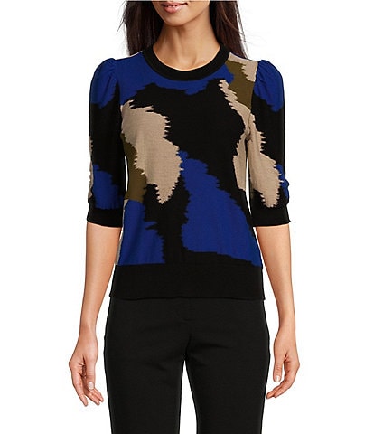 DKNY Color Block Crew Neck Elbow Puff Sleeve Knit Top