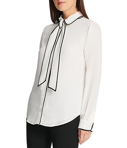 DKNY by Donna Karan Contrast Piping Peter Pan Removable Tie Neck Button Front Blouse