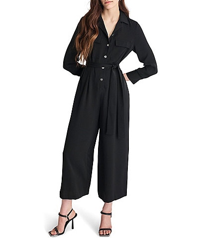 DKNY by Donna Karan Crepe Button Down Collar Long Sleeve Wide Leg Cropped Jumpsuit