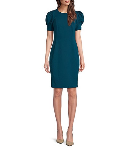 DKNY Crepe Round Neck Short Puff Sleeve Dress