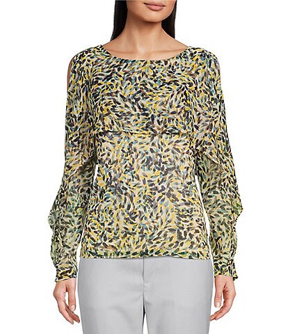 DKNY Abstract Printed Round Neck Cold Shoulder Ruffle Long Sleeve Top