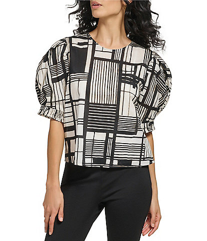 Crew Neck Short Puffed Sleeve Printed Voile Top