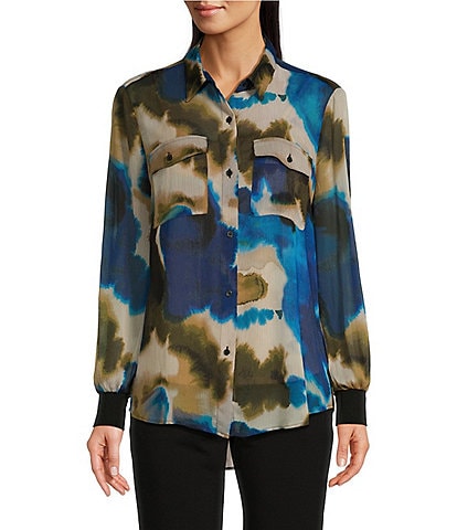 DKNY by Donna Karan Crinkle Chiffon Long Sleeve Collared Button Front Blouse