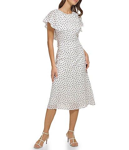 DKNY Dotted Jewel Neckline Short Flutter Sleeve A Line Dress with Lace Up Back Detail