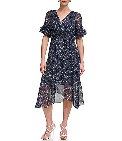 DKNY Dotted Surplice V-Neck Short Sleeve Faux Wrap Midi Dress
