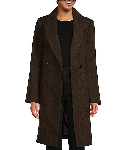 DKNY Double Breasted Envelope Collar Wool Blend Plain Pocket Button Front Coat
