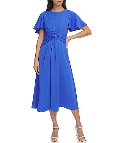 DKNY Drapey Crepe Crew Neck Short Flutter Sleeve Knot Front Midi Fit and Flare Dress
