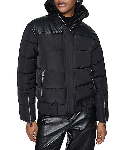 DKNY Faux Fur Trim Stand Collar Short Snap Front Puffer Bomber