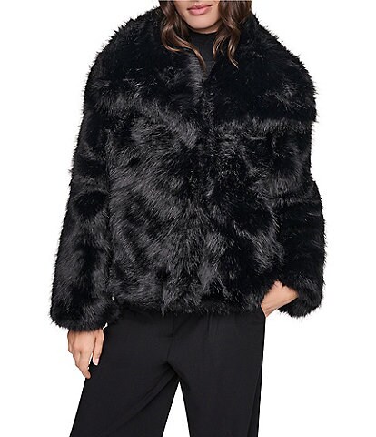 DKNY Faux Fur Wing Collar Oversize Fit Short Moto Jacket