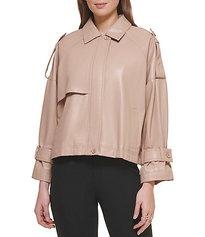 DKNY Faux Leather Point Collar Zip Front Statement Jacket