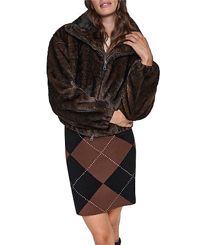 DKNY Faux Shearling Stand Collar Bubble Hem Zip Front Bomber
