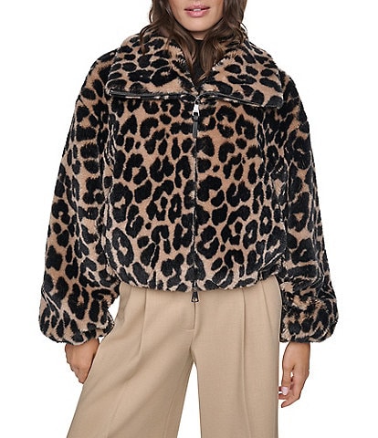 DKNY Faux Shearling Stand Collar Bubble Hem Zip Front Bomber