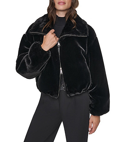 DKNY Faux Shearling Stand Collar Bubble Hem Zip Front Bomber