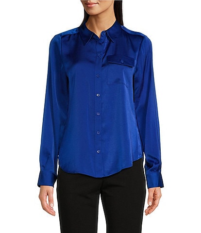 DKNY Faux Suede Long Sleeve Point Collar Button Front Shirt