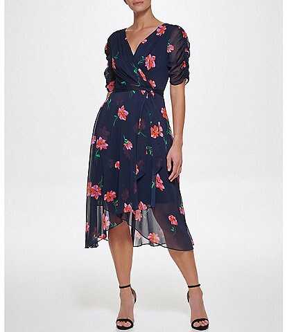 DKNY Floral Print Chiffon V-Neck Ruched Short Sleeve Wrap Midi Dress