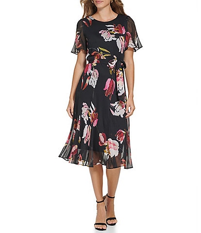 DKNY Floral Print Jewel Neck Short Flutter Sleeve Tie-Waist Midi Dress