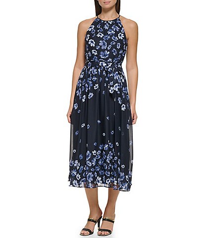 DKNY Floral Print Halter Neck Sleeveless Tie Waist Chiffon Midi Dress