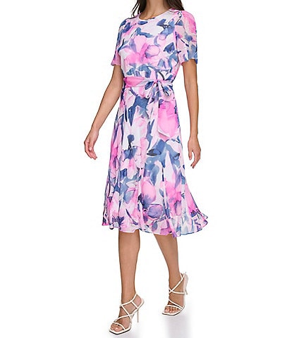 DKNY Floral Print Round Neckline Short Sleeve Dress