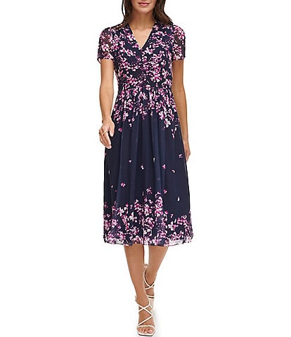 DKNY Floral Print V Neckline Short SLeeve Dress