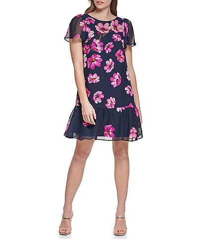 DKNY Floral Printed Short Flutter Sleeve Round Neck Tiered Ruffle Hem Trapeze Dress