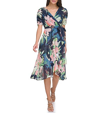 DKNY Floral Surplice V-Neck Short Sleeve Faux Wrap Midi Dress