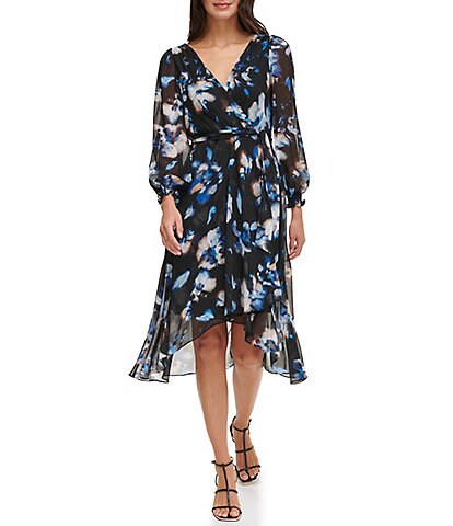 DKNY Floral Surplice V-Neck Long Sleeve Faux Wrap High-Low Midi Dress