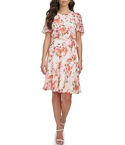 DKNY Flutter Sleeve Floral Print Chiffon A-Line Dress