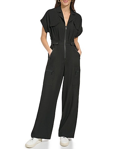 DKNY Frosted Twill Notch Collar Short Sleeve Zip Up Jumpsuit