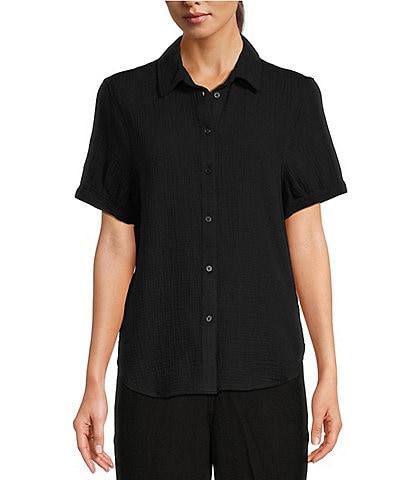DKNY Gauze Point Collar Rolled Short Sleeve Button Down Shirt