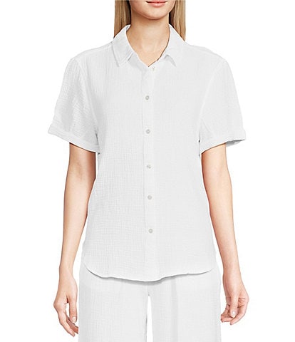 DKNY Gauze Point Collar Rolled Short Sleeve Button Down Shirt