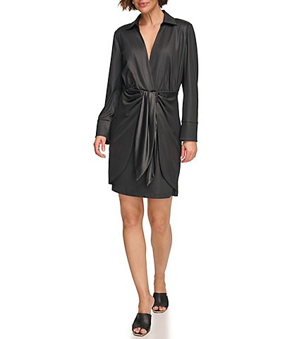DKNY Glazed Jersey Wrap Skirt Collared Surplice V-Neck Long Sleeve Mini Dress