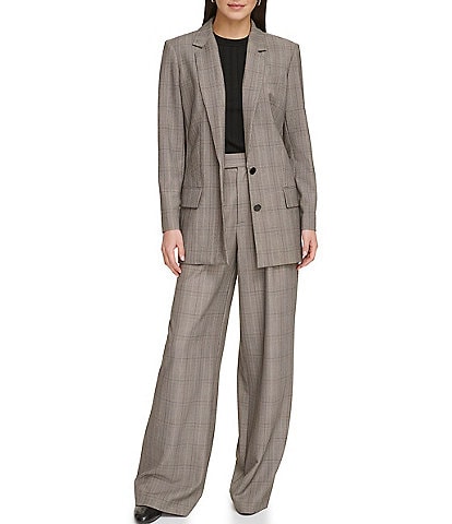 DKNY Glen Plaid Notch Lapel Long Sleeve Button Front Blazer & Coordinating Wide Leg Pants