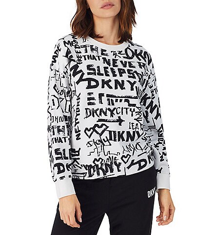 DKNY Graffiti Terry Long Sleeve Round Neck Oversized Coordinating Sleep Top