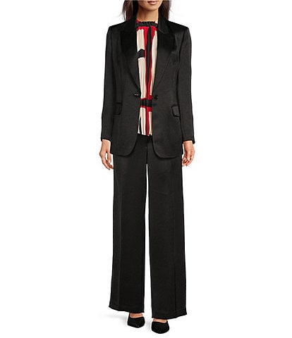 DKNY Hammered Satin Notch Collar Button Front Blazer & Coordinating Wide Leg Flat Front Pants