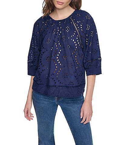 DKNY Jeans by Donna Karan Shirred Crew Neck 3/4 Raglan Sleeve Top