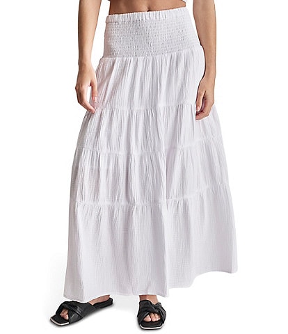 DKNY Jeans Cotton Smocked Waist Tiered A-Line Maxi Skirt