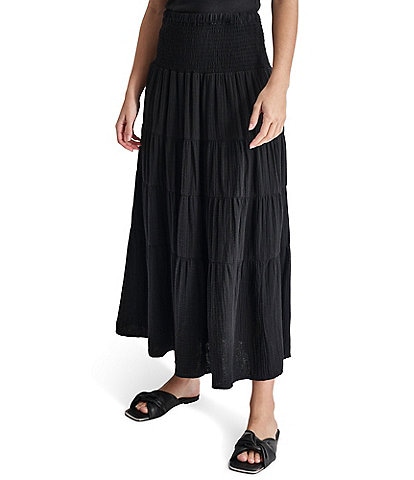 DKNY Jeans Cotton Smocked Waist Tiered A-Line Maxi Skirt