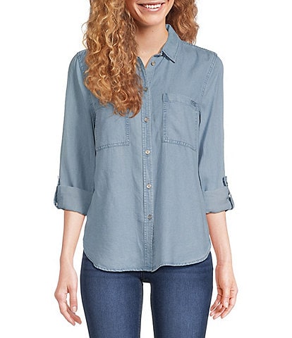 DKNY by Donna Karan Jeans Garment Dye Roll-Tab Sleeve Button Front Shirt