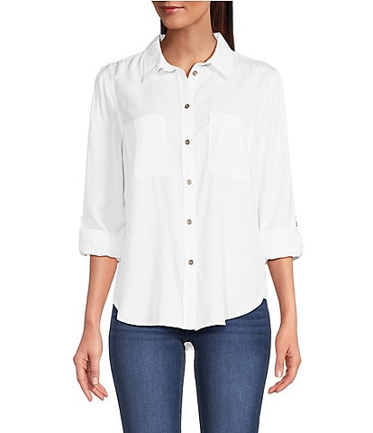 DKNY Jeans Garment Dye Roll-Tab Sleeve Button Front Shirt