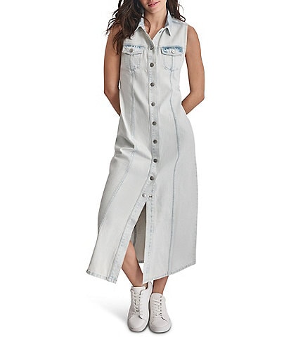 DKNY Jeans Sleeveless Button Front Denim Maxi Shirt Dress