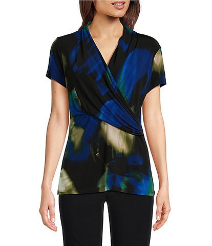 DKNY Jersey Ruche Wrap Front V-Neck Short Sleeve Top