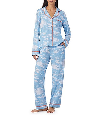 DKNY Knit Cloud Logo Print Long Sleeve Notch Collar Pajama Set