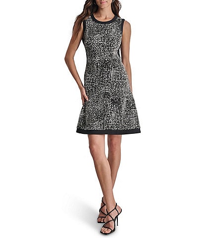 DKNY Knit Fit And Flare Crew Neck Sleeveless Colorblock Hemline Above The Knee Dress