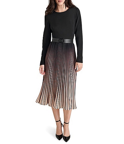 DKNY Knit Fit-and-Flare Ombre Print Crew Neck Long Sleeve Pleated Skirt Removable Leather Belt With Buckle Midi Dress